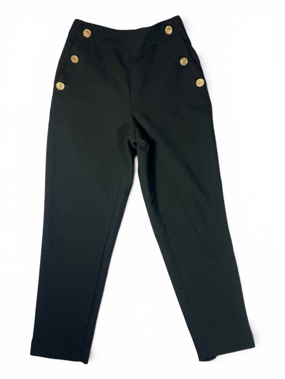 Zara Black High-Waisted Cropped Pants with Gold Button Detail — Size S